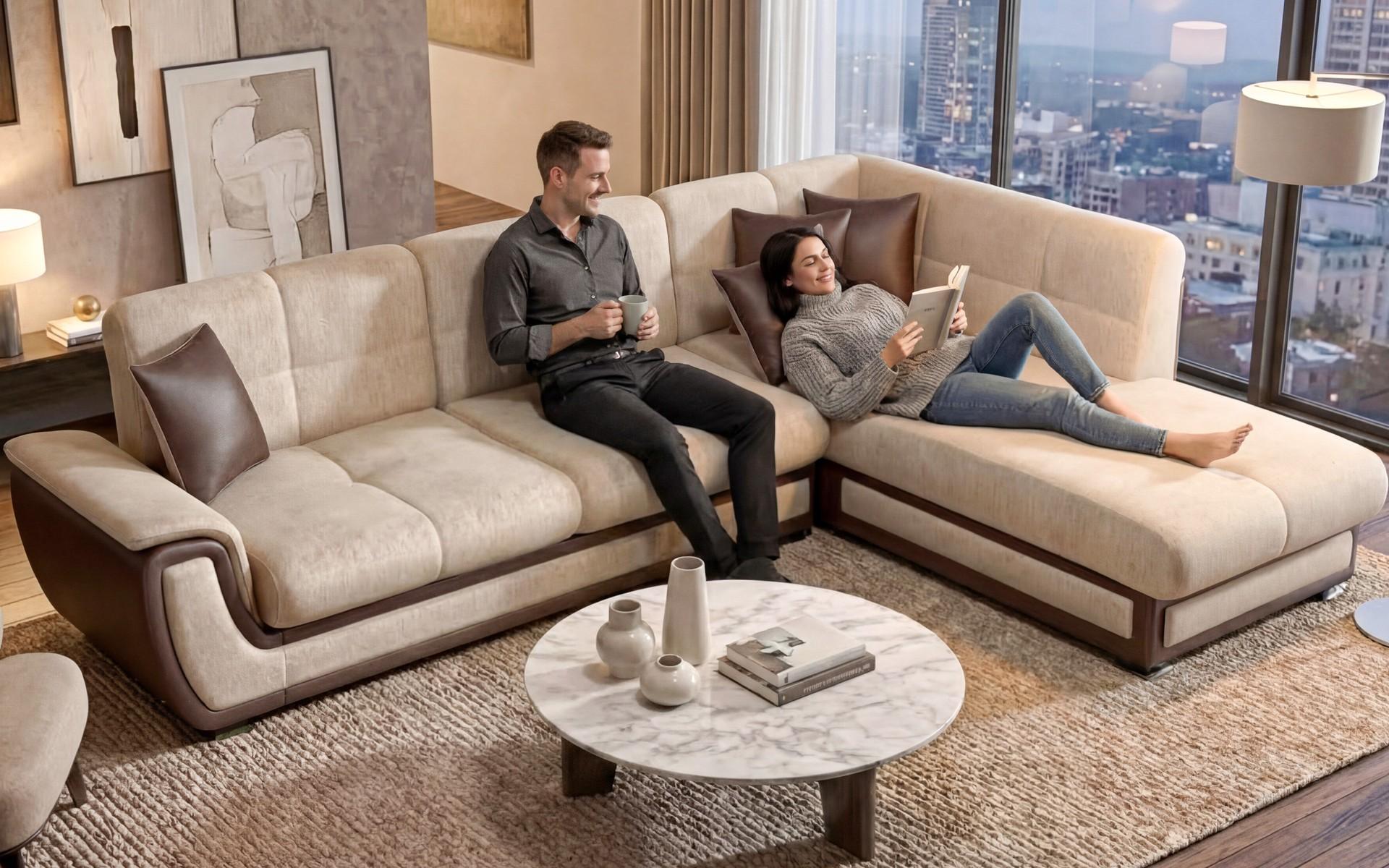 Extendable corner sofa + click-clack mechanism Princess ΙΙ, dark beige + brown leather  9